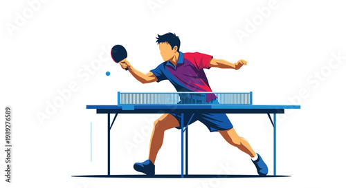 Athletic man in a purple jersey playing a fast-paced game of table tennis or ping pong with intense focus and motion.