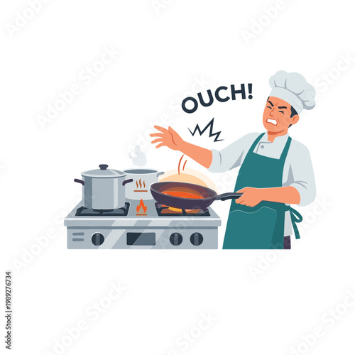 A chef burns himself while cooking on a stovetop in the kitchen suddenly.