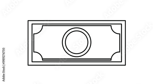 Minimalist line art drawing of a single banknote or bill shows a rectangular frame with a central circle symbol for money.