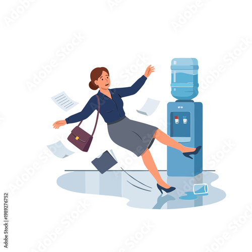 Businesswoman slipping on water spill near office water cooler