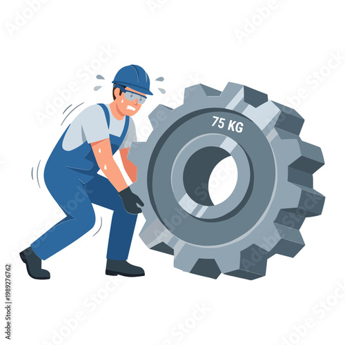 Man struggles to move heavy gear in industry setting with effort