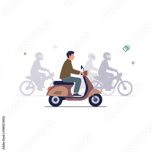 Man rides scooter past cyclists on road with money flying