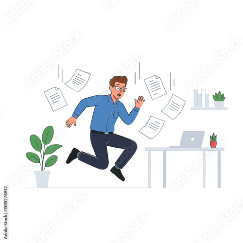 Man runs quickly through office with papers flying around him and laptop on desk