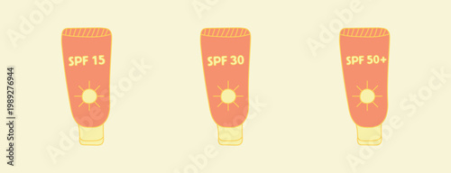 set of hand-drawn cosmetic products in coral color marked with SPF 15, SPF 30 and SPF 50+. Sunscreen products