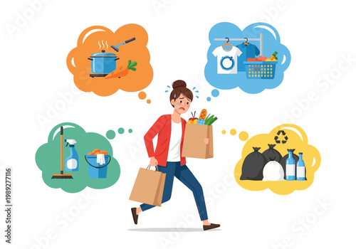 Stressed Woman Overwhelmed by Household Chores and Domestic Responsibilities, Illustration of Mental Load, Multitasking, and Burnout in Daily Life