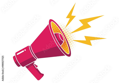 Red Megaphone Icon with Lightning Bolts and Halftone Dots, Pop Art Style Bullhorn for Announcements, Marketing, and Social Media Alerts