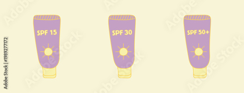 Set of cosmetic product Sunscreen in purple and yellow colors hand-drawn in coral color with SPF 15, SPF 30 and SPF 50+ markings and an illustration of the sun