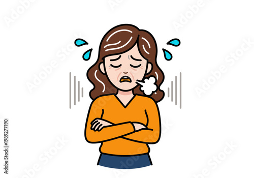 Exhausted Middle-Aged Woman Illustration - Stressed Female Sighing with Sweat Drops, Concept of Menopause, Burnout, and Chronic Fatigue