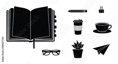 A collection of various black notebooks and journals are displayed in differing orientations and styles creating a stark silhouette high quality professional detailed