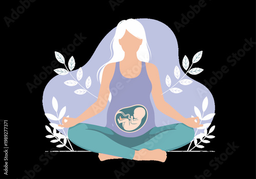 Pregnant Woman Meditating in Yoga Lotus Pose with Fetus in Womb Illustration. Prenatal Wellness, Healthy Pregnancy, and Mindfulness Concept for Motherhood and Healthcare.