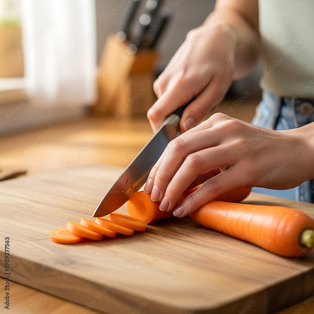 Obraz premium Woman cutting carrots on wooden board