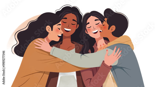 Diverse women hugging, friendship illustration, group of friends, unity and love concept, vector graphics