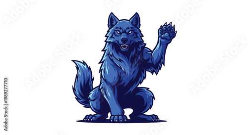Fierce blue wolf character sitting and waving its paw with a smile in a stylized digital illustration on white background.