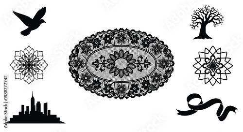 An arrangement of eight circular objects resembling damaged cds some intact and others fractured presented in a grid silhouette high quality professional detailed