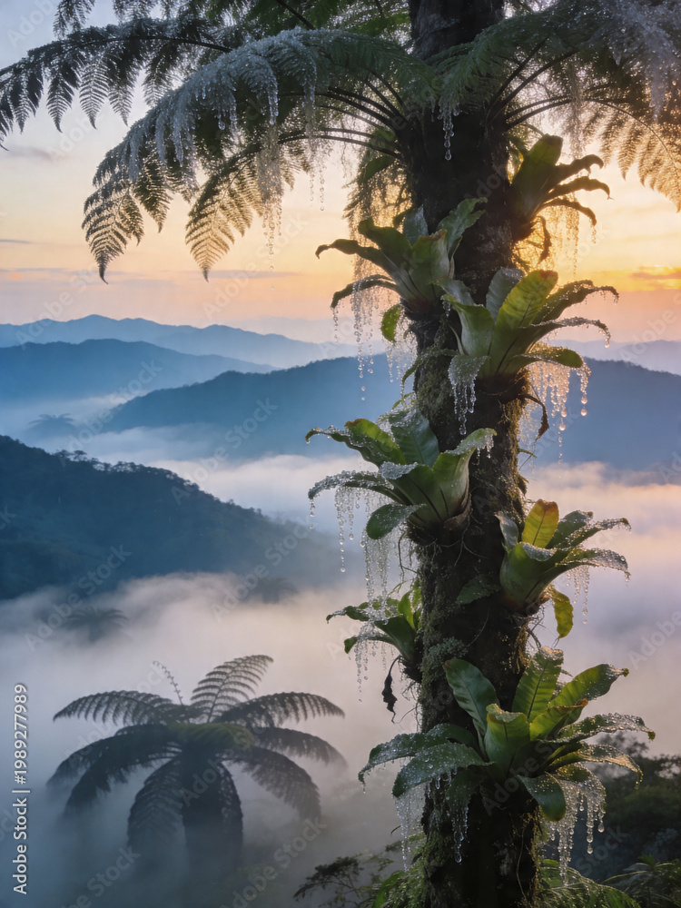 Fototapeta premium Mystical Cloud Forest Canopy with Epiphytes and Mist
