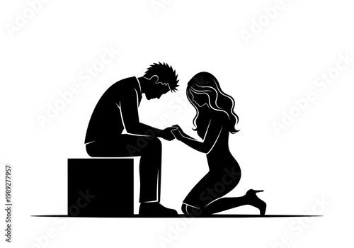 Silhouette of a Woman Kneeling and Holding Hands with a Sitting Man, Pleading for Forgiveness or Offering Support