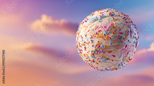 Floating Ice Cream Ball with Colorful Sprinkles Against Dreamy Sunset Sky Backdrop