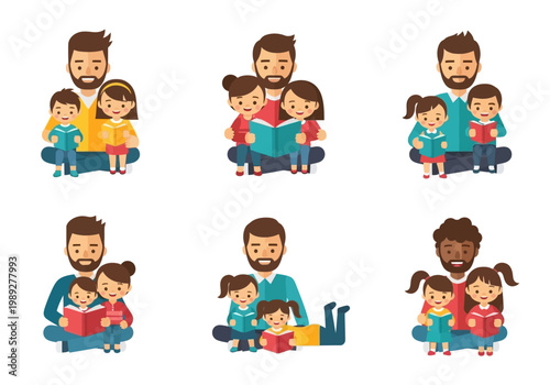 Vector Illustration Set of Diverse Fathers Reading Books to Children, Happy Family Literacy and Education Concept