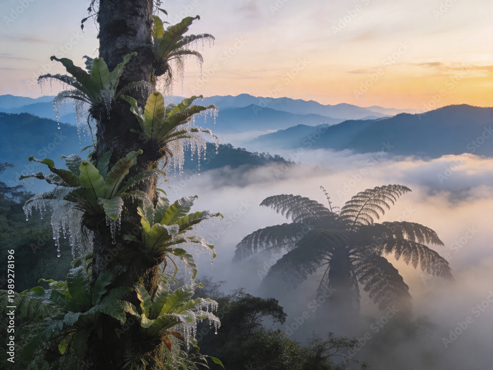 Fototapeta premium Mystical Cloud Forest Canopy with Epiphytes and Mist
