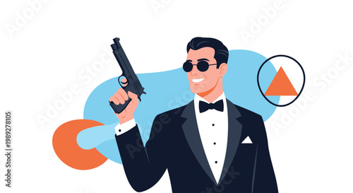 Stylish secret agent man in a black tuxedo and sunglasses holding a pistol against a modern abstract background design.