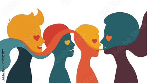 Vector illustration of diverse people sharing love and connection, colorful silhouettes with hearts