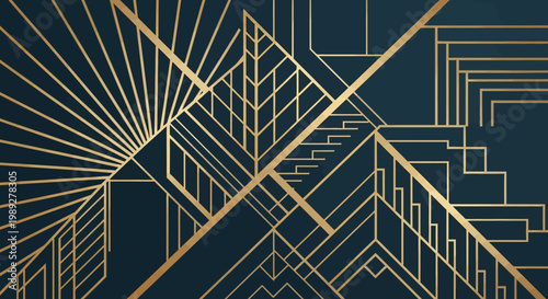 Art Deco Geometric Pattern with Gold Lines on Dark Blue Background