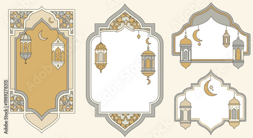 Islamic Decorative Frames Set with Lanterns and Crescent Moon for Ramadan Kareem