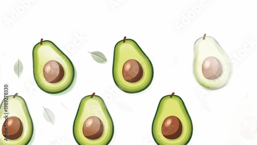 Avocado icons, green halved avocados, fruit illustrations, healthy food symbols, vector graphics