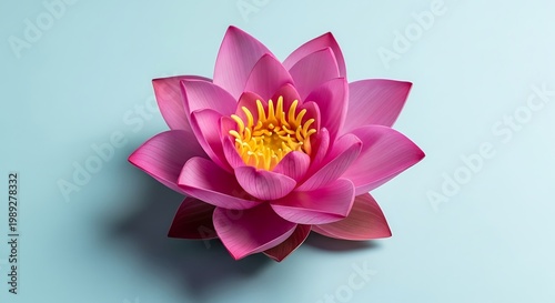 A single pink lotus flower with yellow center isolated on a light blue background in a studio shot