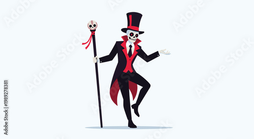 Spooky skeleton character dressed in a tuxedo and top hat holding a voodoo staff with a skull on a plain background.