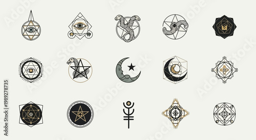 Set of Esoteric and Occult Symbols with Geometric Patterns and Mystic Icons