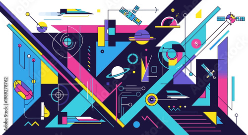 Abstract Space Exploration Geometric Composition with Planets and Satellites