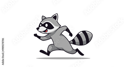 Energetic raccoon character running quickly across a white background in a cute and playful cartoon illustration style.