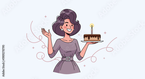 Smiling woman with purple hair wearing a grey dress holding a delicious chocolate birthday cake with one lit candle.