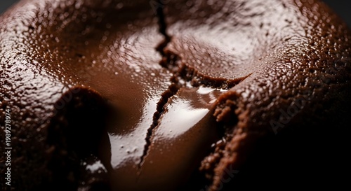 Macro shot of a single roasted coffee bean with a prominent crack, showcasing its rich texture and dark brown color.