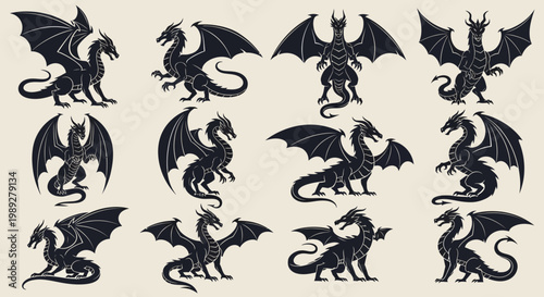 Set of Twelve Vintage Style Dragon Silhouettes for Fantasy Design