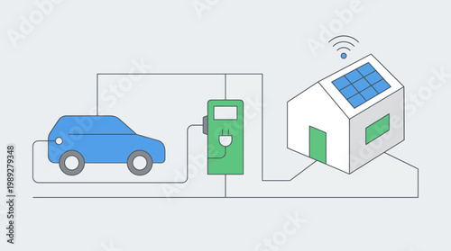 Charging the Future: An illustration of a house powered by solar panels connecting to an electric car, symbolizing the future of clean energy.