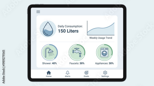 Smart Water Usage: A tablet interface displays smart water usage, including daily consumption, weekly usage trends, and water usage by appliances, faucets, and showers. It is simple graphic.