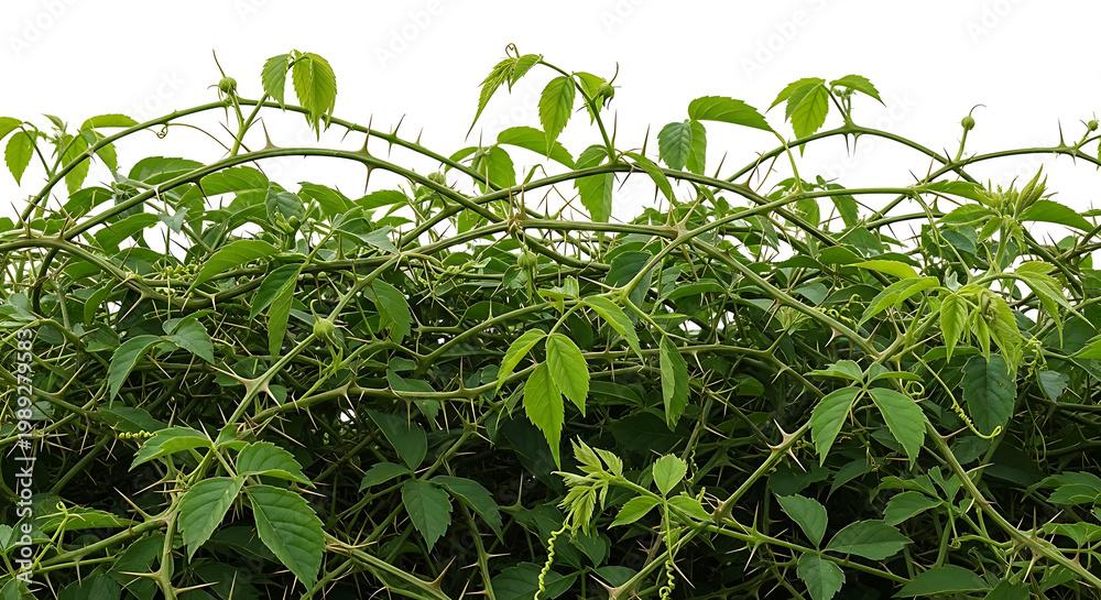 Fototapeta premium Overgrown Thorny Green Bush With Sharp Prickles And Lush Leaves In Full Bloom