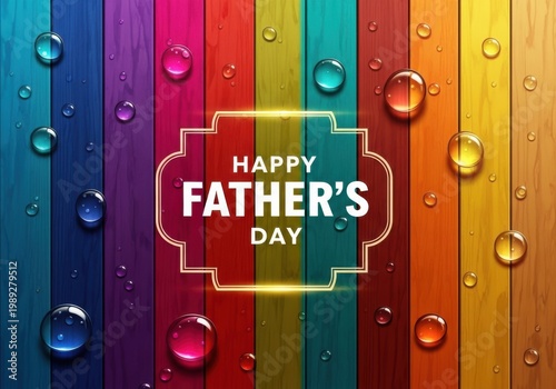 Happy Fathers Day colorful banner with rainbow background and water droplets
