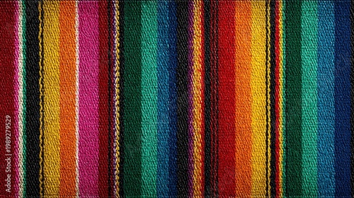Colorful woven textile with vibrant stripes in various shades and patterns