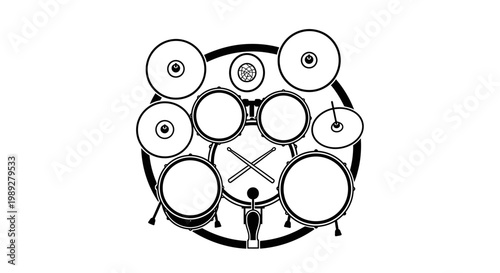 Drum set with multiple drums and cymbals.