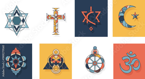 Set of World Religion and Spiritual Symbols with Geometric Patterns