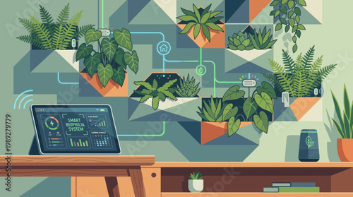 Smart Garden: A harmonious blend of nature and technology. Lush plants thrive within an innovative vertical garden, meticulously monitored by a smart device.