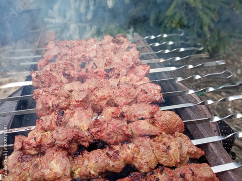 Shish kebab on skewers is cooked in the fresh air.