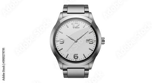 A silver wristwatch with a white face and a metal band isolated on a white background in a studio shot