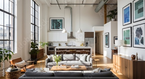 A bright open concept living space with modern furniture and large windows illuminating the room