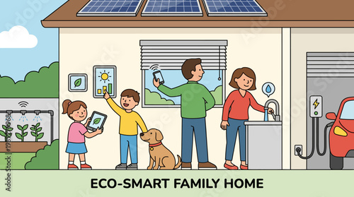 Eco-Smart Family Home: An illustrated scene of a family embracing a sustainable lifestyle within their eco-friendly home, featuring solar panels, electric vehicle charging.