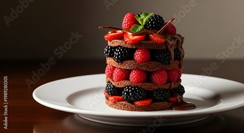 Delicious berry chocolate cake dessert.