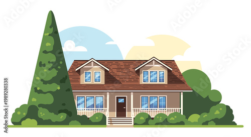 Charming two-story house with multiple gables and windows sits behind well-maintained landscaping under a bright and clear blue sky.